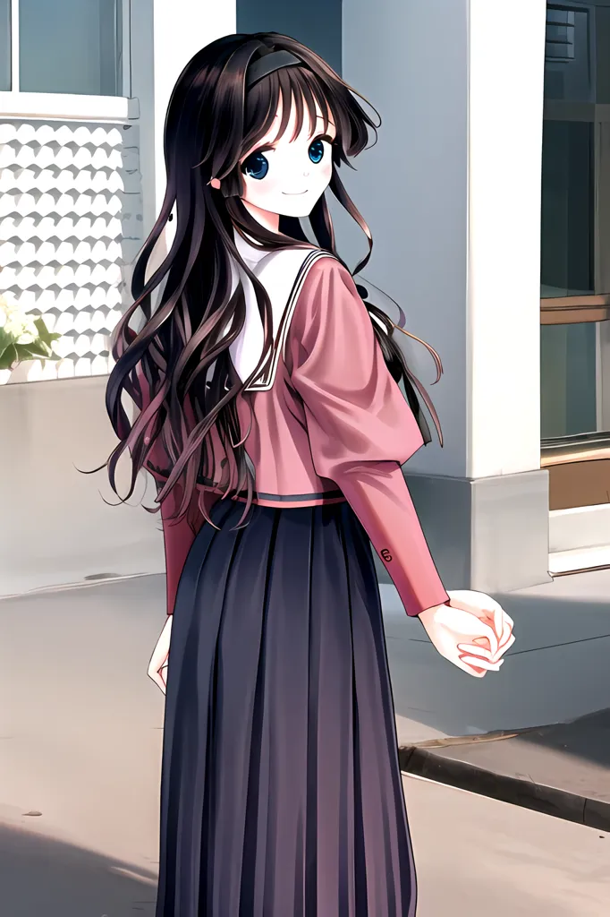 The image shows a young girl with long black hair and blue eyes. She is wearing a pink blouse with a white collar and a pleated skirt. She is standing in front of a white building, and she has a gentle smile on her face.