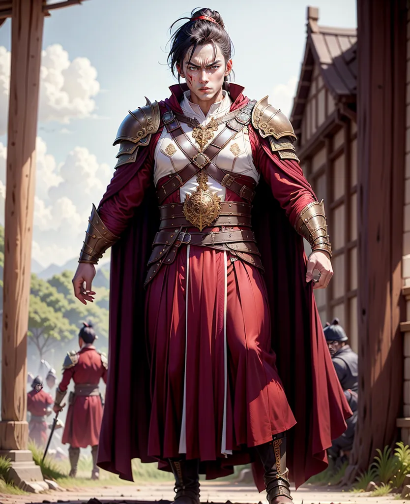 This is an image of a warrior. They are wearing a red cape and gold and red armor. They have a sword in their right hand and are looking at the viewer with a determined expression. They are standing in a village, with several other warriors standing behind them. The image is realistic and has a high level of detail.