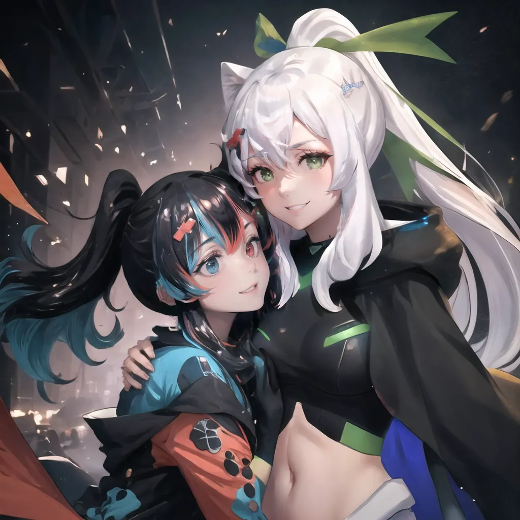 This is an image of two anime-style girls. The girl on the left has black hair with blue and pink highlights. She is wearing a black jacket with orange and white details. The girl on the right has white and green hair and is wearing a black bodysuit with green details. She has a green ribbon in her hair. The background is a dark city with a lot of debris floating in the air.