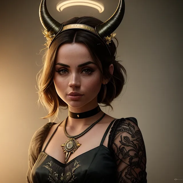 The image shows a young woman with brown hair and green eyes. She is wearing a black dress with a white collar. She has a halo above her head and horns on her head. She is also wearing a necklace with a pendant in the shape of a sun. The background is a dark color.