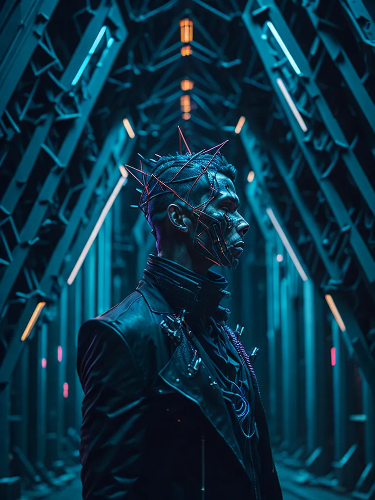 The image is of a person wearing a black leather jacket and a strange metal headdress with a glowing blue light on the inside. The person is standing in a dark room with blue lights on the walls. The person's face is partially obscured by the headdress, but their eyes are visible and they are looking to the side. The image is dark and mysterious, and it is not clear what the person is doing or what the significance of the headdress is.