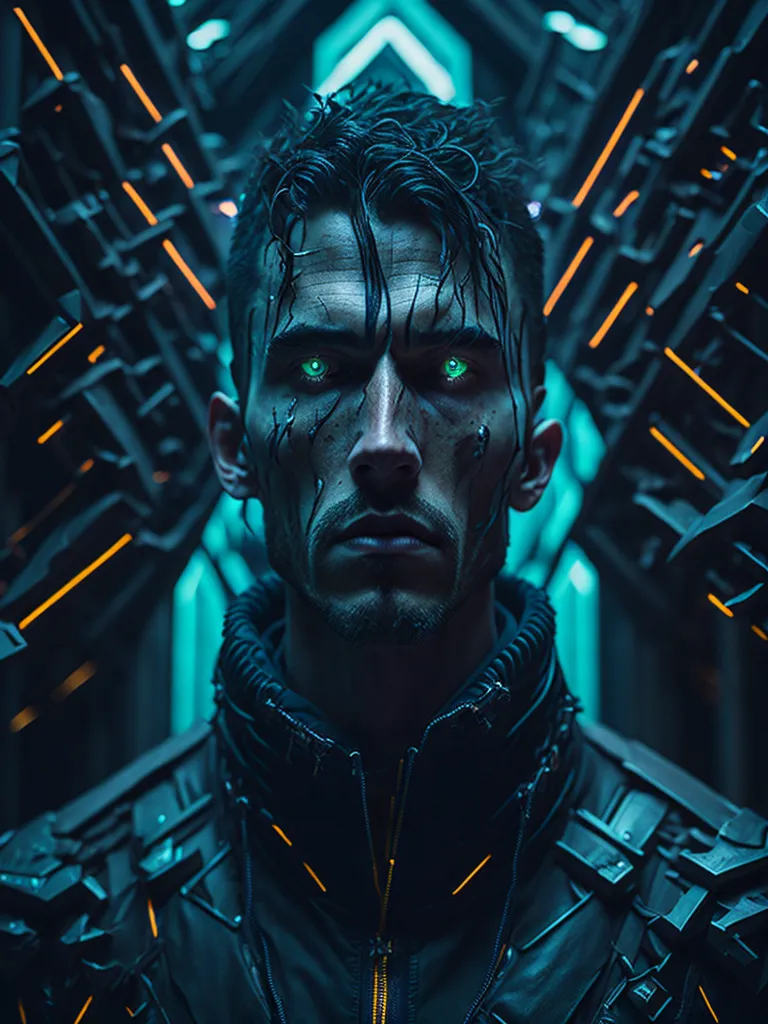 This is a portrait of a young man with short black hair and green eyes. He is wearing a black leather jacket and has a serious expression on his face. The background is a dark blue color with bright green and orange lights. The man's eyes are glowing green. He is also wearing some kind of futuristic armor.