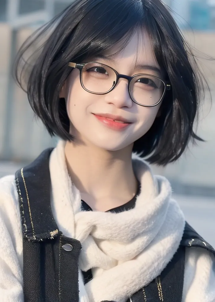 The image shows a young woman with short black hair and glasses. She is wearing a white scarf and a black jacket. She has a friendly smile on her face. The background is blurred.