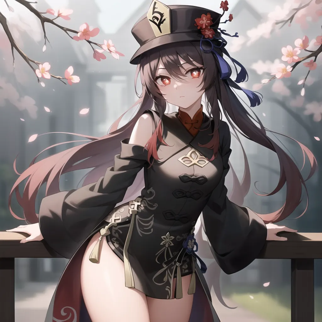 The image is of a young woman with long brown hair and red eyes. She is wearing a black and red cheongsam-style dress with a high collar and a black hat with a red flower. She is standing on a balcony, leaning against the railing with one hand while the other hand is by her side. There are cherry blossom trees in the background.