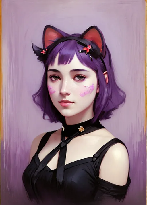 A imagem é um retrato de uma jovem mulher com cabelos roxos e orelhas de gato. Ela está usando um vestido preto com um colarinho branco e tem um sorriso suave no rosto. O fundo é de uma cor roxa clara, e o estilo geral da imagem é suave e romântico.