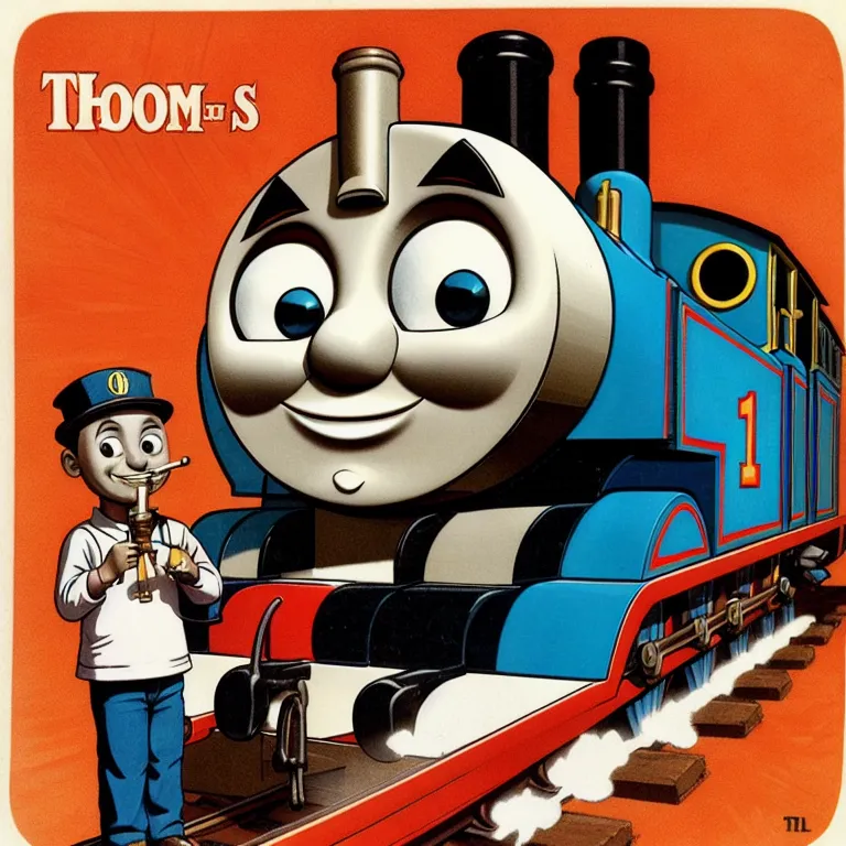 This is an illustration of Thomas the Tank Engine. Thomas is a blue anthropomorphic tank engine with the number 1 on his side. He has a happy expression on his face and is looking at the viewer. He is wearing a blue hat with a red band and a white shirt. There is a man standing next to Thomas. He is wearing a white shirt and blue pants and is smoking a pipe. The man is holding a red flag. In the background, there are some mountains and a river.