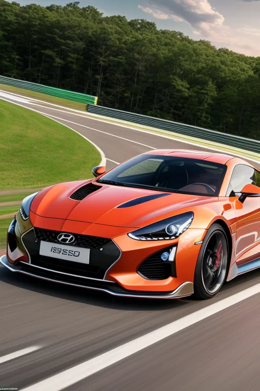 The image shows a bright orange sports car on an asphalt race track. The car has a sleek design, with a low profile and a long hood. It also has a large spoiler on the back and a set of stylish wheels. The car is surrounded by trees and greenery, and the sky is cloudy.