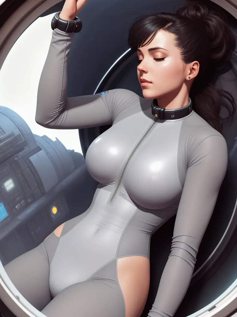 The image shows a beautiful woman with long black hair and brown eyes. She is wearing a tight-fitting silver bodysuit with a high collar and a zipper in the front. The bodysuit has cutouts at the hips and the chest. She is also wearing a black choker with a metal ring in the front. The woman is sitting in a futuristic chair with her eyes closed and her head resting on her right hand. She is surrounded by a soft, white light.