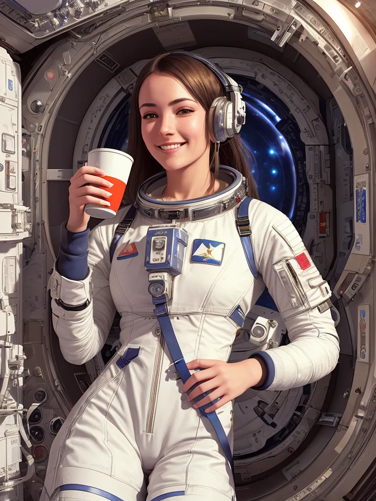 This is an image of a young girl in a spacesuit with her helmet off. She has brown hair and brown eyes and is smiling at the camera. She is holding a red cup with a white lid in her right hand. She is wearing a white spacesuit with blue and gray details. There is a patch on her right arm with a blue background and a white star in the center. There is another patch on her left arm with an American flag. She is also wearing a pair of headphones. There is a large circular opening behind her that has a view of outer space with stars.