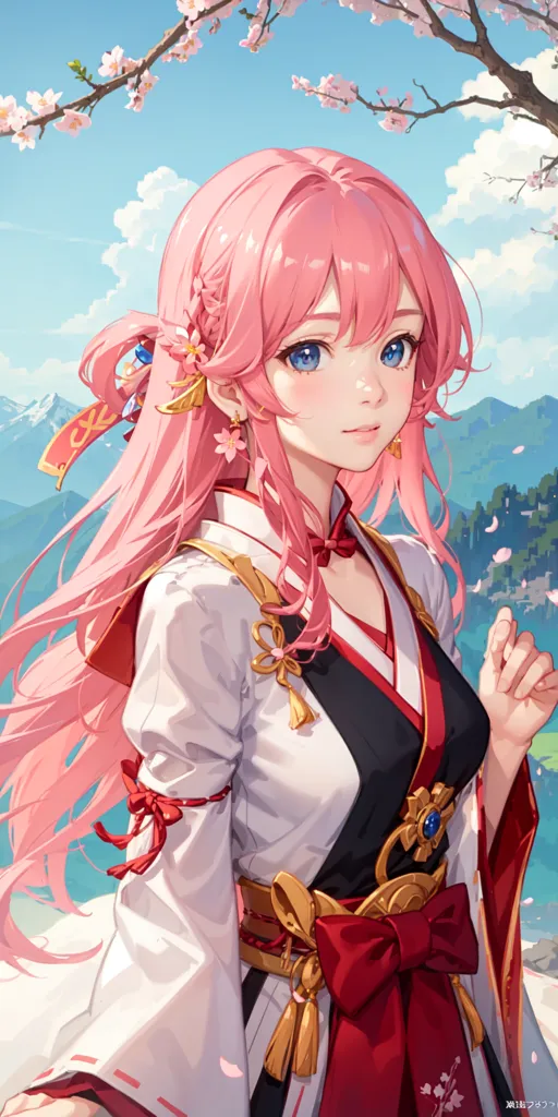 La imagen es una pintura de una mujer joven con el cabello rosa y ojos azules. Ella está usando un kimono blanco y rosa con un obi rojo. Su cabello es largo y ondulado, y tiene una sonrisa suave en su rostro. Ella está de pie en un campo de flores de cerezo, y hay montañas en el fondo. La imagen es muy pacífica y serena.