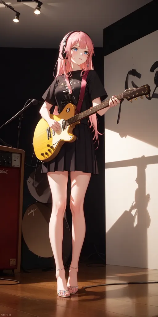 The image shows a young woman with pink hair playing an electric guitar. She is wearing a black skirt, a white T-shirt, and high heels. She is standing in a room with a microphone and an amplifier. The amplifier is red and has the word \