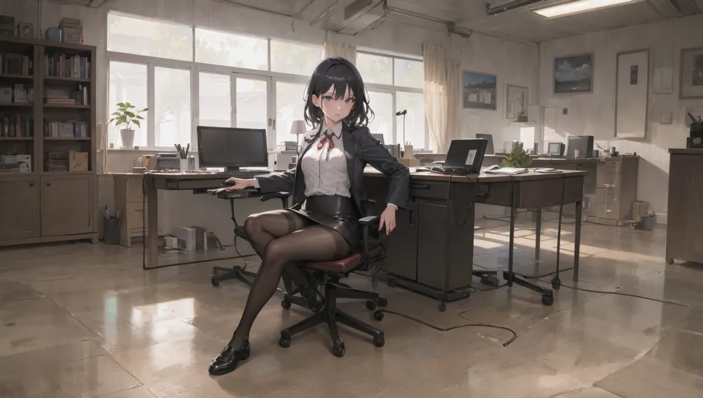 The image shows a young woman sitting in an office chair. She has black hair, purple eyes, and is wearing a white blouse, black skirt, and black suit jacket. She is also wearing black pantyhose and black shoes. The office is decorated with several plants, a bookshelf, and two desks. There are two computers on the desks, as well as several books and papers. The woman is sitting in a relaxed pose, with her legs crossed and her hands resting on the arms of the chair. She has a confident expression on her face, and it is clear that she is in a position of power.