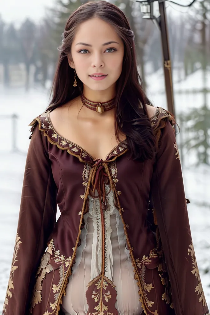 The picture shows a beautiful young woman with long dark hair. She is wearing a brown and gold colored dress with a white camisole. The dress has intricate gold-colored embroidery. She is also wearing a gold-colored necklace and earrings. The woman is standing in a snowy forest. She has a serene smile on her face.