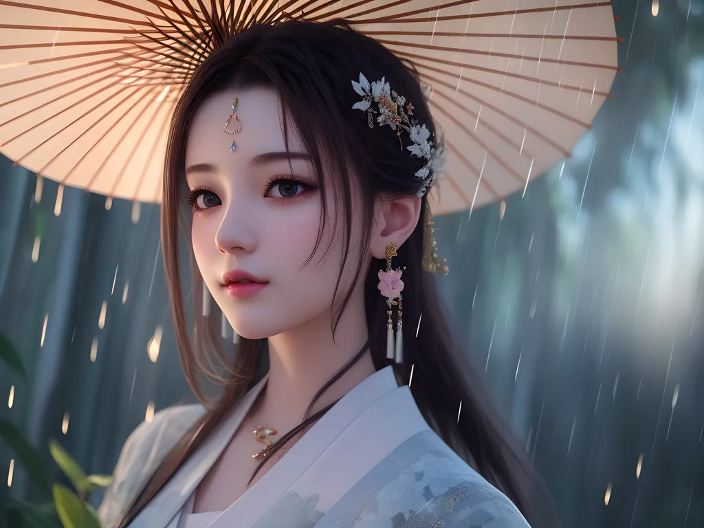 This is an image of a beautiful young woman. She has long, dark hair and brown eyes. She is wearing a traditional Chinese dress called a hanfu. The dress is white and has blue and pink floral designs. She is also wearing a white and pink flower hairpiece and a necklace. She is holding a white and brown paper umbrella. It looks like it is raining in the background.