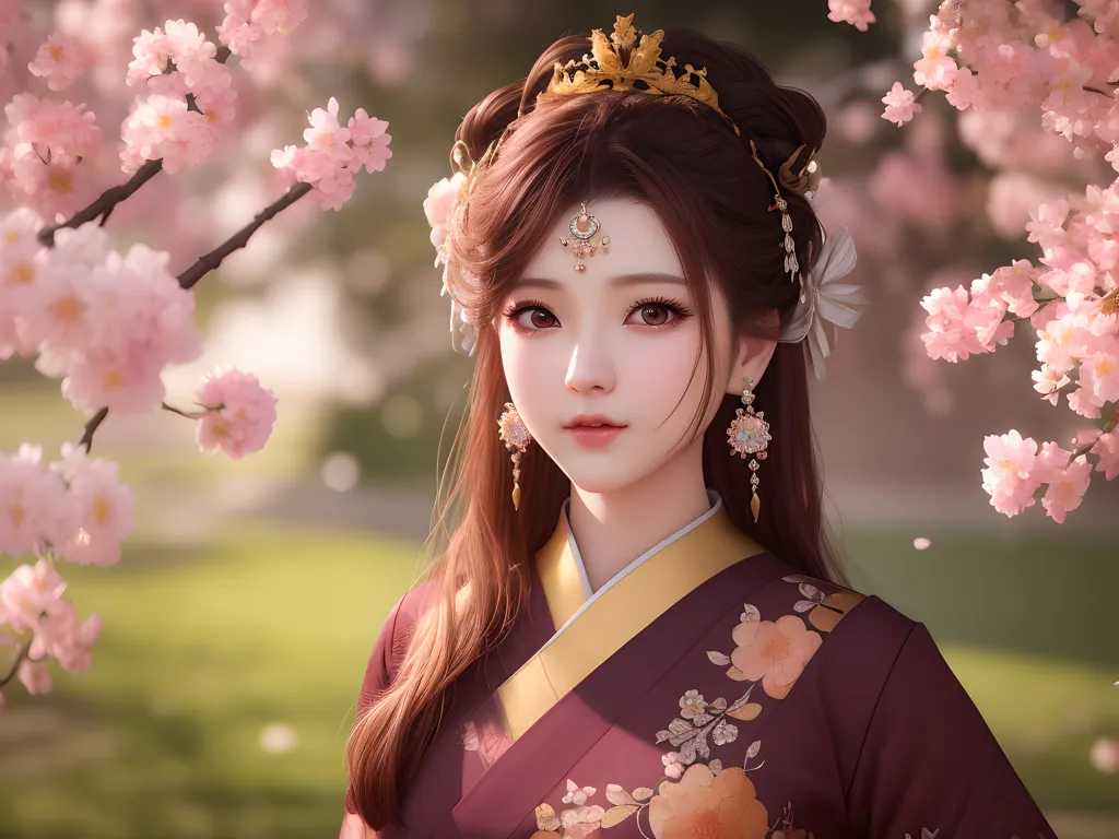 L'image montre une jeune femme vêtue d'un kimono rose et violet debout dans un champ de cerisiers en fleurs. La femme a de longs cheveux bruns, des yeux bruns et porte un couvre-chef traditionnel chinois. Les fleurs de cerisier sont en pleine floraison et d'une belle teinte rose. La femme est dans une pose décontractée et a une expression sereine sur le visage. L'image est paisible et relaxante.