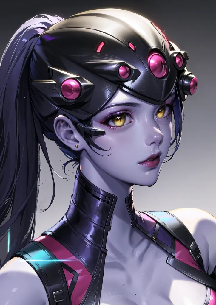 The image is a portrait of a young woman with long purple hair and yellow eyes. She is wearing a black and purple bodysuit with a spider-like design on her chest. She also has a black and purple helmet with a visor. The woman's expression is serious and determined.