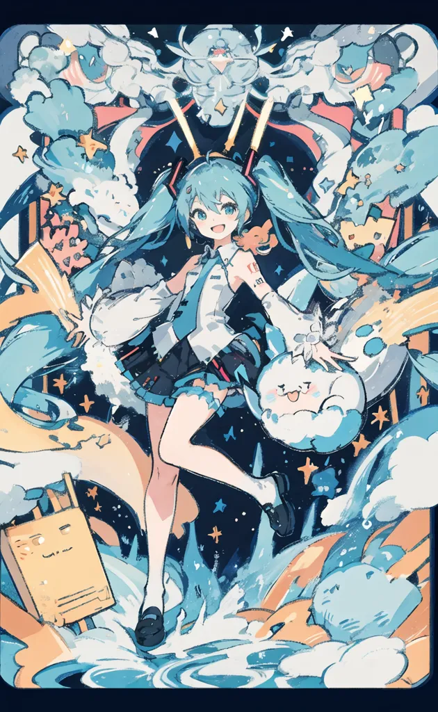 The image is of a young girl with long, flowing teal hair. She is wearing a white shirt, a pleated skirt, and a blue tie. She is also wearing a pair of black shoes. The girl is standing in a field of blue flowers, and she is surrounded by a number of small, white creatures. The girl is smiling, and she appears to be happy. The image is drawn in a soft, painterly style, and the colors are vibrant and bright.