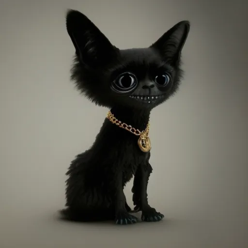 Esta es una pintura digital de un gato negro. El gato está sentado y mirando al espectador. Tiene ojos grandes y redondos, una nariz pequeña y una boca que está sonriendo. El gato lleva un collar de oro con un colgante. Su pelaje es largo y negro. El fondo es de un gris claro.