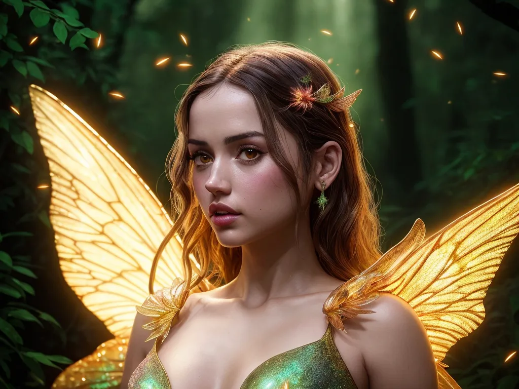 The image is a portrait of a beautiful fairy with long, wavy brown hair and golden eyes. She is wearing a green dress with a sweetheart neckline and has delicate golden wings. Her hair is adorned with flowers and leaves, and she has a serene expression on her face. The background is a blur of green leaves and branches.