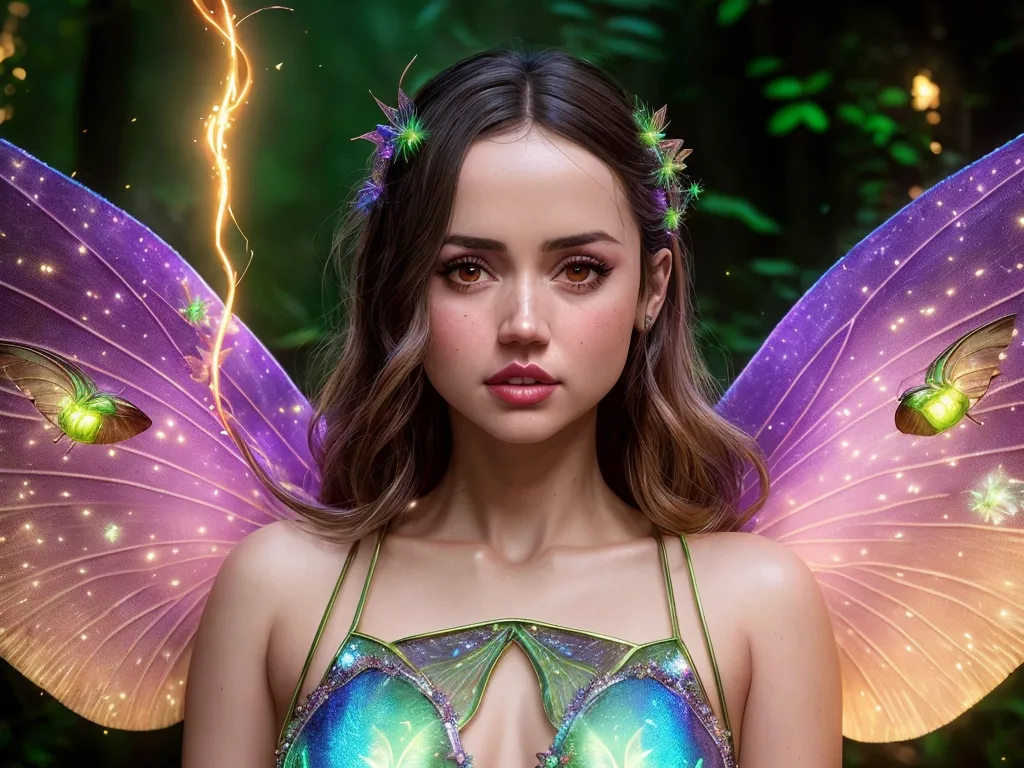 The image is a digital painting of a beautiful woman with long, wavy brown hair. She is wearing a green and blue halter top and has green and purple butterfly wings. Her face is soft and feminine, with big brown eyes and full lips. She is standing in a dark forest, and there are two small green butterflies on her wings. The image is very detailed, and the artist has used a variety of colors to create a sense of magic and wonder.