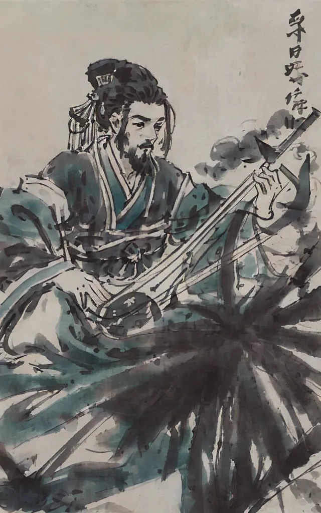 The image is a Chinese painting of a man playing a pipa, a traditional Chinese instrument. The man is sitting on a rock, with his right leg crossed over his left. He is wearing a long robe and has his hair tied up in a bun. The pipa is a four-stringed instrument that is played with a plectrum. The man is playing the pipa with his right hand, while his left hand is fretting the strings. The painting is done in a realistic style, and the artist has used a variety of brushstrokes to create the different textures of the man's robe, the pipa, and the rock.