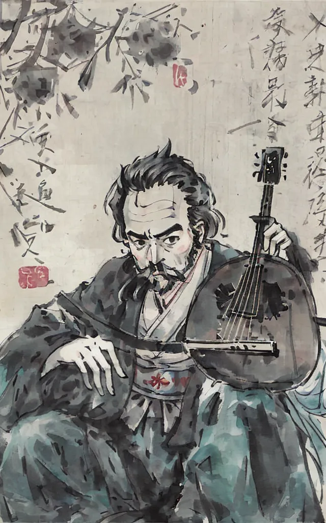 The image shows a Chinese painting of a man playing a pipa, a four-stringed Chinese lute. The man is sitting on a rock, with his left hand fingering the strings of the pipa and his right hand holding the neck of the instrument. He is wearing a long robe and has a mustache and a beard. The background of the painting is a landscape, with mountains, trees, and clouds.