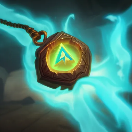 The image shows a magical amulet. It is made of a round, golden plate with a triangular, glowing green gem in the center. The amulet is surrounded by a smoky, blue mist.