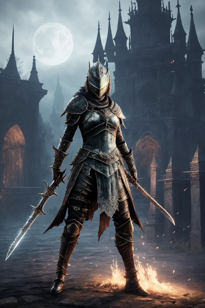 This is an image of a female knight in dark, medieval armor. She is standing in a dark, gothic setting, with a full moon in the background. She is holding two swords, one in each hand. The knight is wearing a helmet that is hiding her face and has a long flowing cape. The armor she is wearing is made of metal and has intricate designs on it. She is also wearing a pair of boots and gloves. The knight is standing in a confident pose, ready to fight anyone who comes her way.