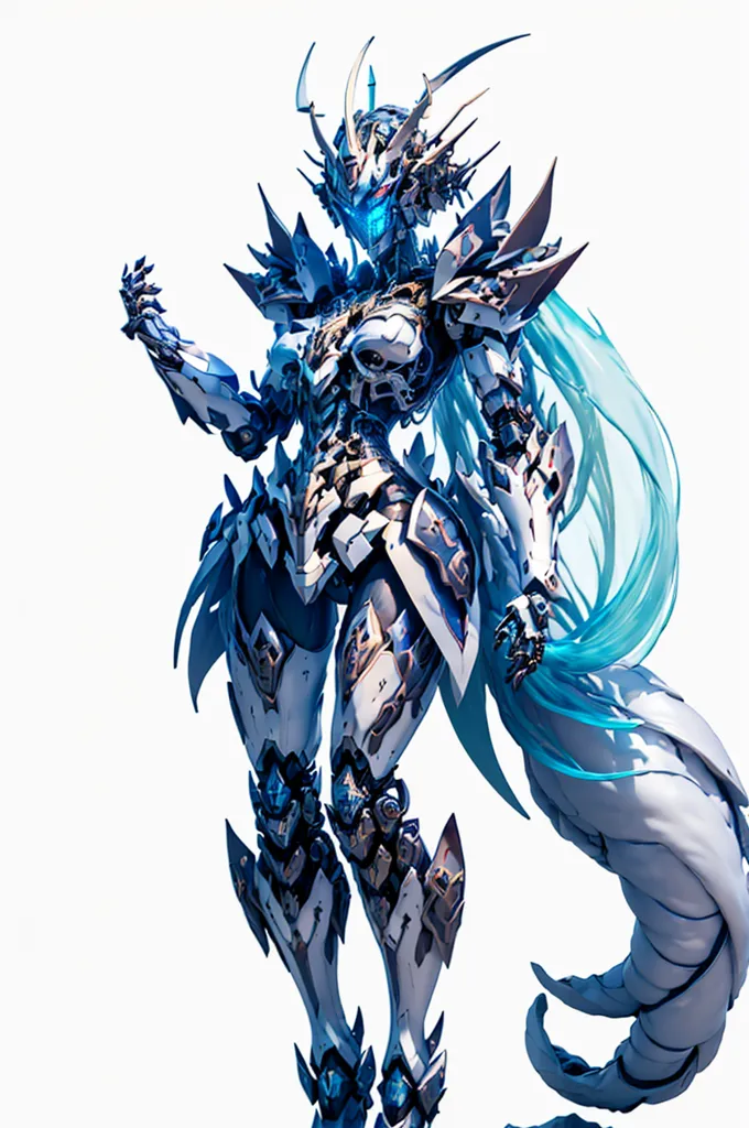 The image is a digital painting of a female warrior in a white and blue armor. She has long blue hair and a tail. She is standing in a powerful pose, with her right hand raised and her left hand on her hip. She is surrounded by a white background. The image is very detailed, and the artist has used a variety of techniques to create a realistic and dynamic image.