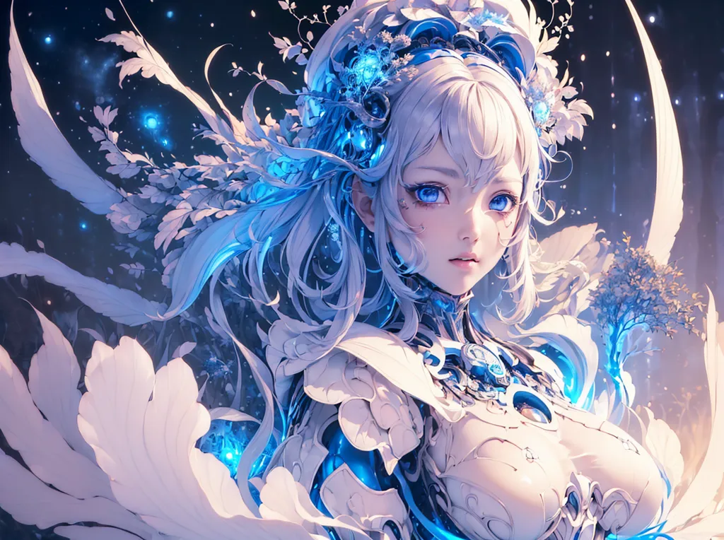 L'image est un portrait d'une belle jeune fille d'anime aux longs cheveux blancs et aux yeux bleus. Elle porte une robe blanche avec une écharpe bleue et a une fleur dans les cheveux. Elle est entourée de fleurs blanches et bleues et a un sourire doux sur le visage. L'arrière-plan est un ciel étoilé de nuit.