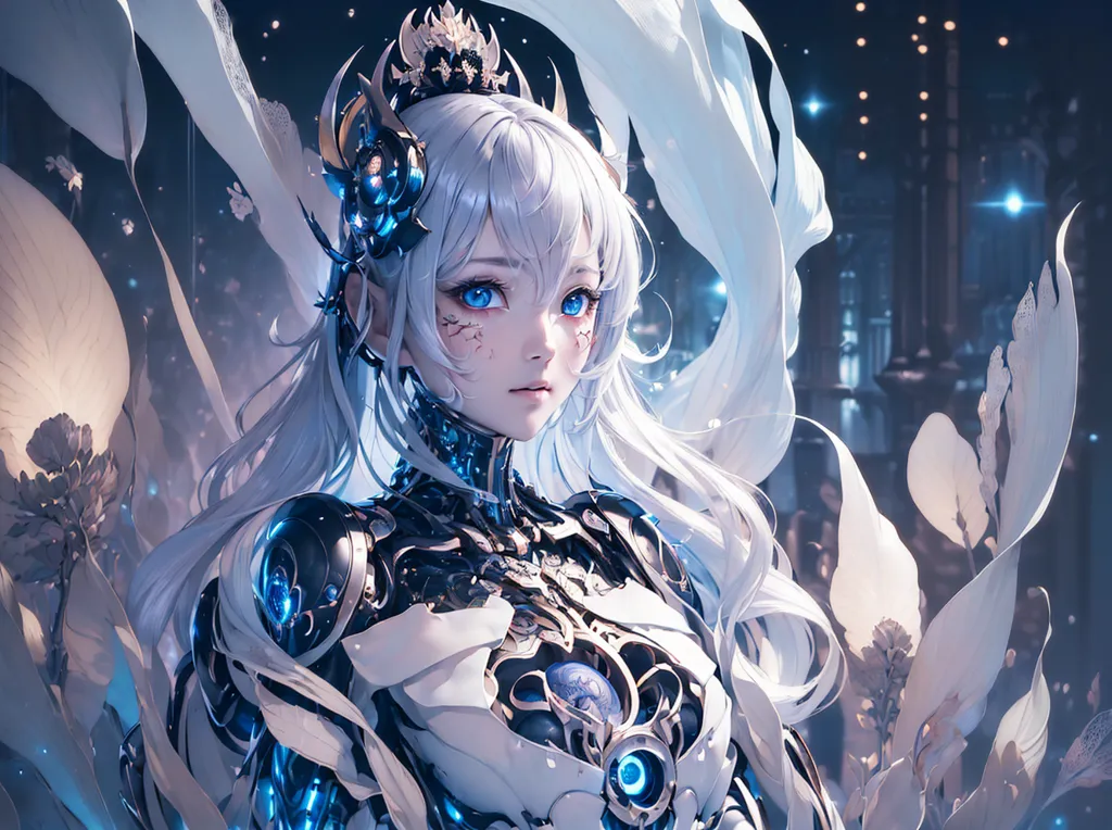 La imagen es un retrato de una hermosa chica de estilo anime con cabello blanco largo y ojos azules. Ella está usando un vestido blanco y azul con una coraza de metal. Tiene una corona en la cabeza y está rodeada de flores blancas y azules. El fondo es un cielo nocturno azul oscuro con estrellas.