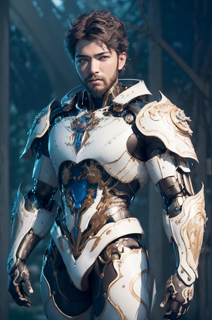 This is a picture of a man with brown hair and blue eyes. He is wearing a white and gold suit of futuristic armor. The armor has intricate designs and looks very strong. The man is standing in a dark forest, and he looks like he is ready for battle.