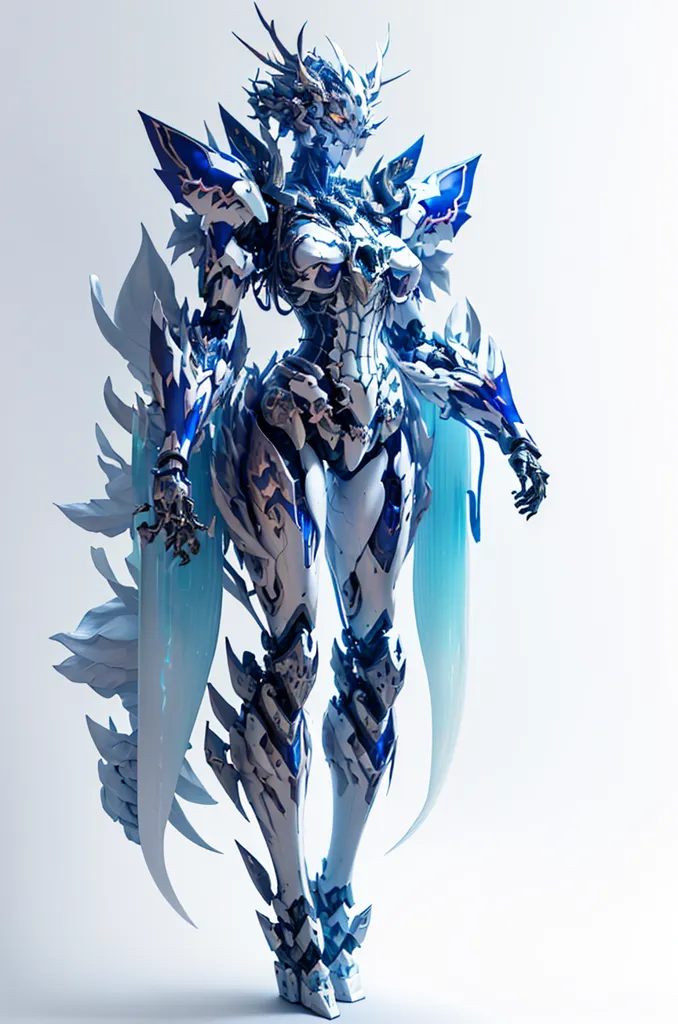 L'image est un rendu 3D d'un personnage féminin portant une combinaison d'armure exosquelette bleue et blanche. L'armure a des détails complexes et des lignes bleues lumineuses qui la parcourent. Le personnage a de longs cheveux bleus et se tient dans une pose puissante. L'arrière-plan est un dégradé de bleu clair à blanc.