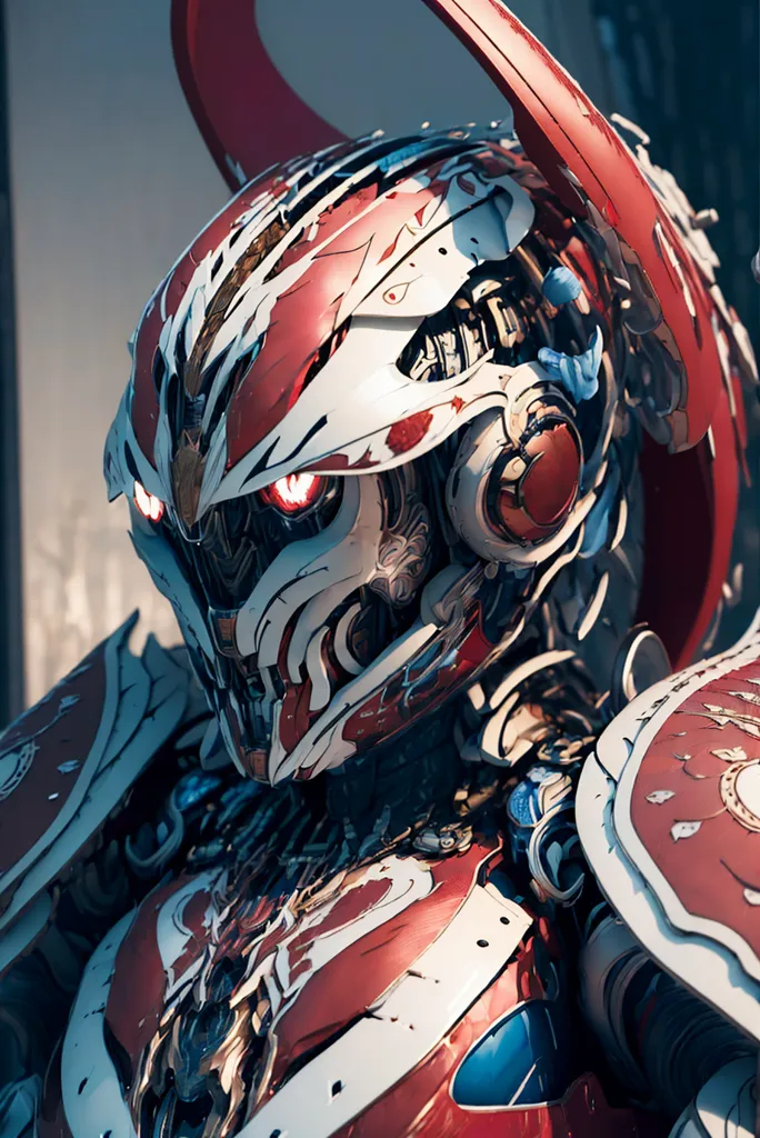 The image is a close-up of a futuristic helmet. The helmet is made of metal and has a red and white color scheme. The helmet has a visor that is glowing red. There are a number of small details on the helmet, such as rivets, screws, and wires. The helmet is also decorated with a number of red and white feathers.