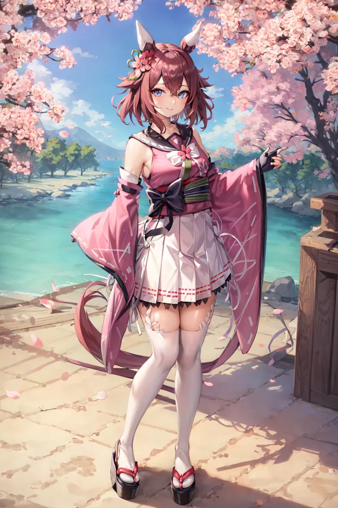 The image is a painting of a young woman with pink hair and fox ears. She is wearing a pink and white kimono with a red bow. She is standing on a stone path in a forest of cherry trees. The trees are in bloom and their petals are falling like snow. The woman is smiling and has her eyes closed. She is holding a book in her right hand. The background is a blue sky with white clouds.