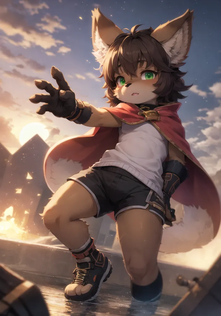 The image is of a furry character, which is a fictional creature that combines human and animal characteristics. This particular character has brown fur, green eyes, and fox-like ears. It is wearing a red cape, a white shirt, and black shorts. It is also wearing brown boots and a brown glove on its right hand. The character is standing on a stone structure in front of a large city. The sky is blue and there are clouds in the background. The character is looking at the viewer with its right hand outstretched.