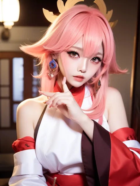 A imagem é uma foto de uma jovem mulher em um cosplay de Yae Miko, um personagem do jogo de vídeo Genshin Impact. Ela está usando um quimono branco e vermelho com um obi rosa e tem cabelos longos e rosas, além de orelhas de raposa. Ela também está segurando um leque. O fundo é uma sala japonesa tradicional com uma lanterna de papel e um tapete de tatami.