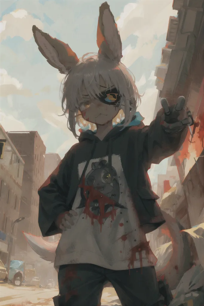 The image is of a young girl with rabbit ears. She is standing in a ruined city. The girl is wearing a white shirt and black pants. She has a black jacket with a white hood. The girl's right arm is outstretched, and she is pointing with her index finger. The girl has a serious expression on her face. The background of the image is a ruined city. There are buildings in the background, and the sky is cloudy. The image is post-apocalyptic.