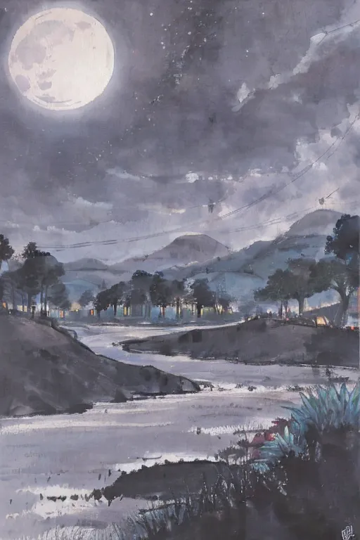 The image is a Chinese painting of a moonlit landscape. The painting is done in a realistic style, and the artist has used a variety of techniques to create a sense of depth and atmosphere. 

The foreground of the painting is dominated by a river, which winds its way through a valley. The river is flanked by trees and shrubs, and there is a village in the distance. The moon is full, and it casts a bright light over the landscape. The sky is dark, and there are a few stars visible. 

The painting is done in a muted color palette, and the artist has used a variety of brushstrokes to create a sense of texture. The overall effect is one of peace and tranquility.