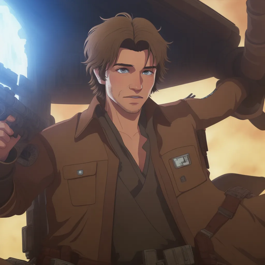 This is an image of a male character from the Star Wars universe. He has brown hair and blue eyes, and is wearing a brown jacket with a white shirt underneath. He is also wearing a utility belt and a holster for his blaster. The character is standing in front of a blue background, and there is a large spaceship in the background.