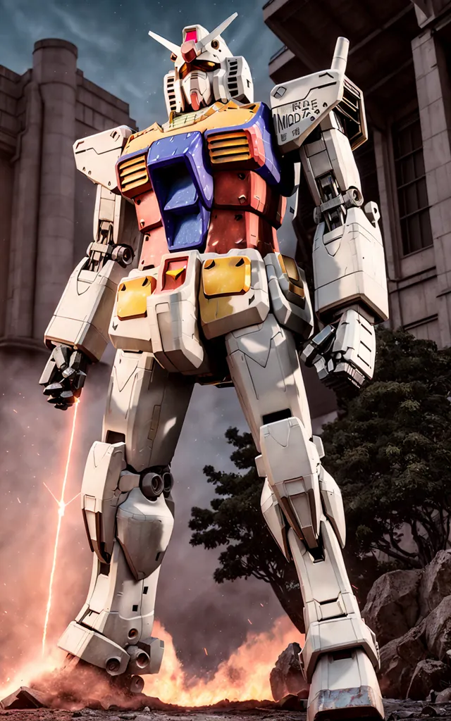 The image shows a giant robot standing in a city. The robot is white and yellow with some blue and red details. It has a large head with a V-shaped crest and two antennae. The robot's body is covered in armor and it has large, powerful arms and legs. It is standing on a pile of rubble and there are several buildings in the background. The sky is dark and cloudy and there are flames coming from the ground around the robot.