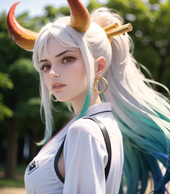 The image shows a young woman with white and green hair. She has brown eyes and is wearing a white shirt. She also has horns on her head and is looking at the camera.