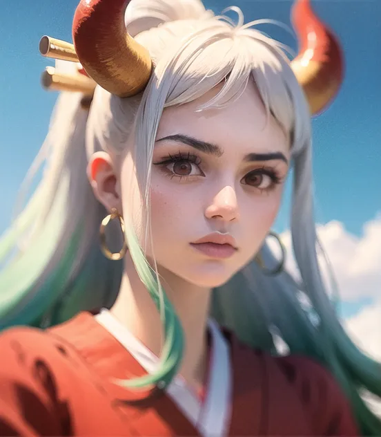 The image shows a young woman with white and green hair. The woman is wearing a red kimono and has brown eyes. She has horns on her head and is looking at the viewer with a serious expression.