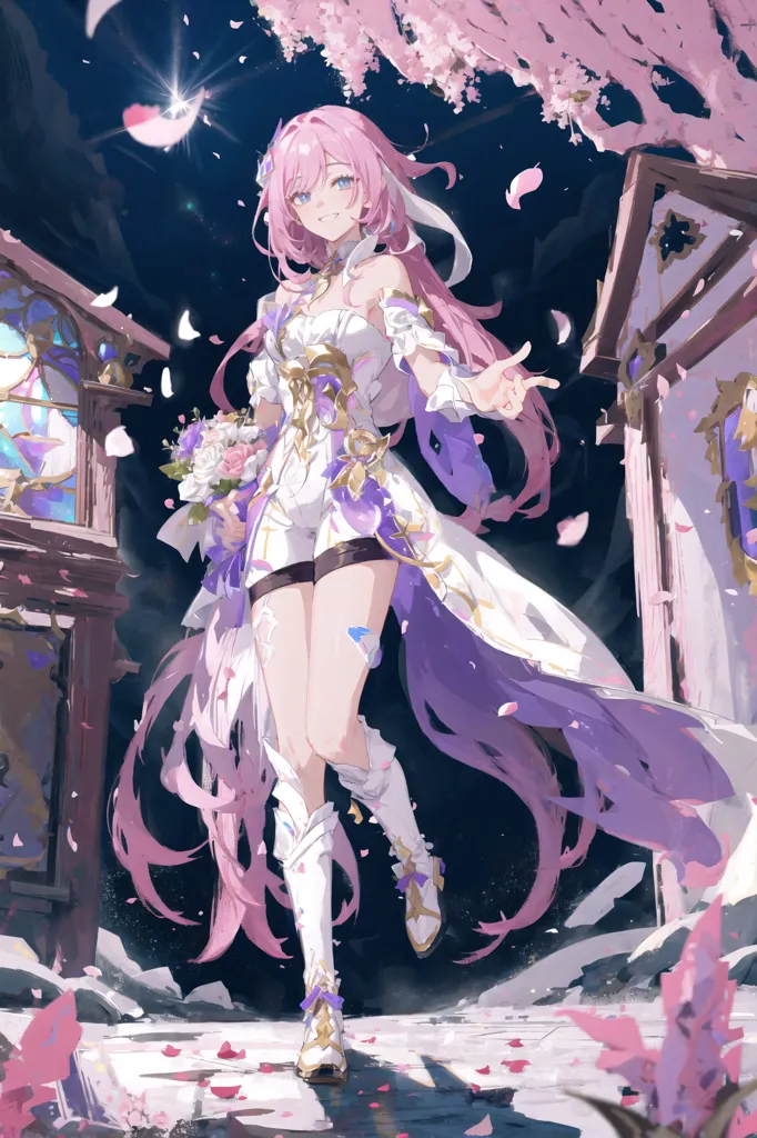 The image is of a young woman with pink hair and purple eyes. She is wearing a white and purple dress with a long pink ribbon in her hair. She is standing in a dark room with a starry night sky outside. There are pink and purple flowers falling around her. She is holding a bouquet of flowers in her hands. She has a gentle smile on her face.