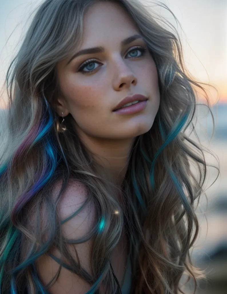 La imagen muestra a una mujer joven con el cabello largo y ondulado. Su cabello es de color marrón claro con reflejos azules y morados. Tiene ojos azules y una tez clara. Lleva un vestido blanco con un escote bajo. Está de pie frente a un fondo blanco. La mujer tiene una expresión suave y soñadora en su rostro. Mira a la cámara con la cabeza ligeramente inclinada hacia un lado. La imagen está tomada en un ángulo de primer plano, lo que hace que el rostro de la mujer sea el centro de atención.