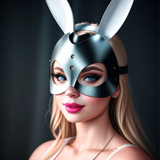 The image shows a woman wearing a bunny mask. The mask is made of silver-colored metal and has long rabbit ears. The woman's eyes are blue and her lips are pink. She has long blond hair and is wearing a white dress. The background is dark gray.