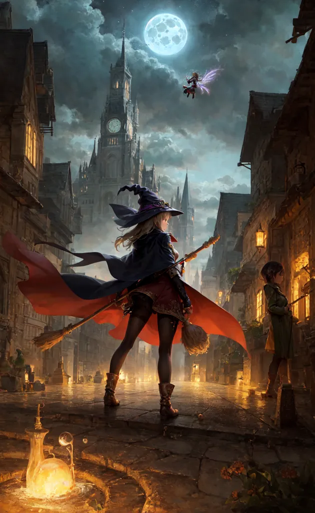 The picture shows a young woman dressed as a witch. She is standing in a cobblestone street in a European-style town. The moon is full, and there are bats flying around. The witch is wearing a black pointed hat and a long red cloak. She is carrying a broom and a staff. She has long blonde hair and green eyes. She is looking at a fairy flying in the air in front of her. The fairy is wearing a pink dress and has long green wings. There is a building with a clock tower in the background. The sky is dark and cloudy.