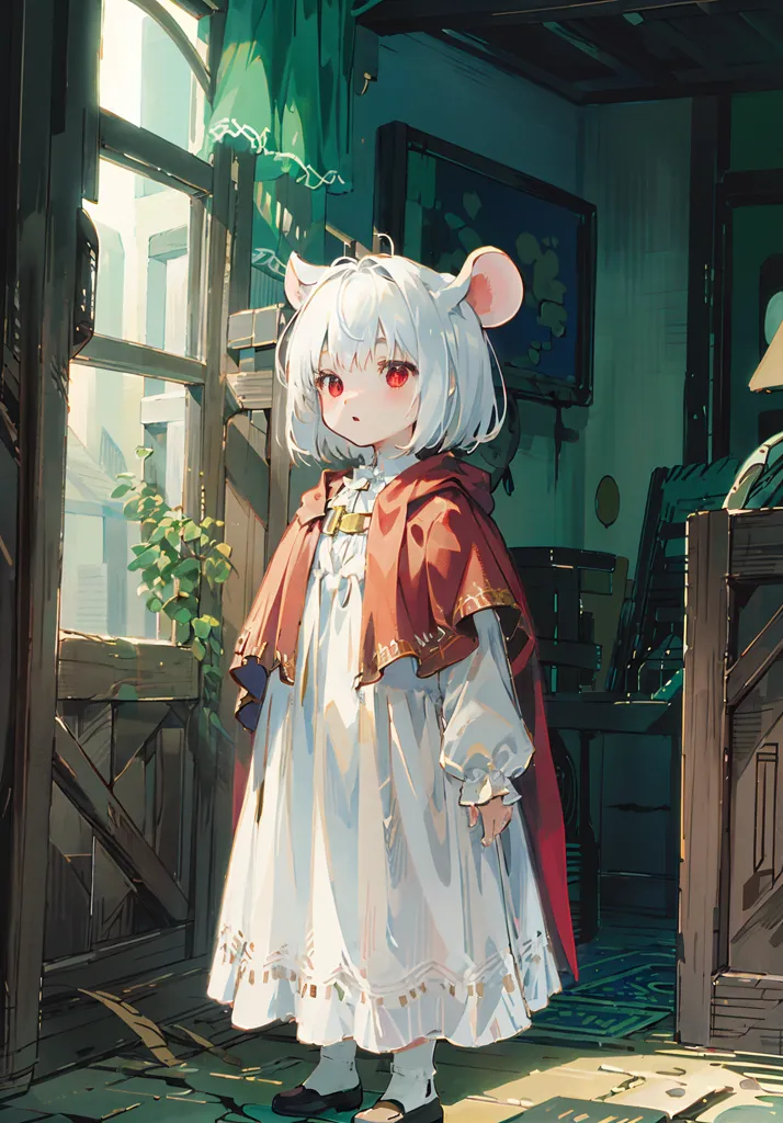 The image is of a small, white mouse girl with red eyes wearing a white dress and a red cape. She is standing in a room with a wooden floor and walls. There is a window to her left and a door to her right. On the floor is a green rug with white and red accents. There is clutter all throughout the room. The girl is looking at the viewer with a curious expression on her face.