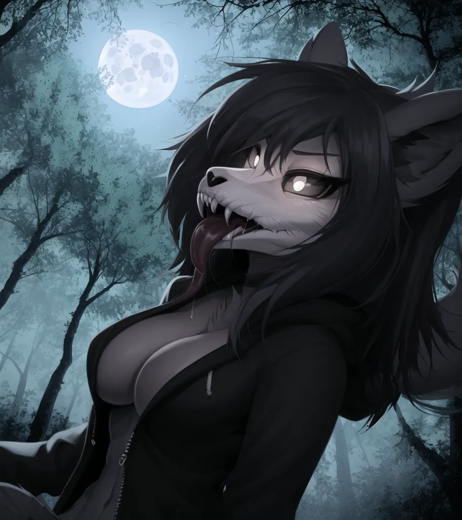 The image is a digital painting of a werewolf girl. She is standing in a dark forest, with a full moon in the background. The werewolf girl is depicted as having long, black hair, and yellow eyes. She is wearing a black hoodie, and her mouth is open, exposing her sharp teeth and long tongue.