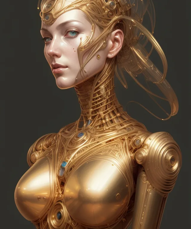 The image is a portrait of a beautiful woman with golden skin and blue eyes. She is wearing a golden headdress and a golden breastplate. Her body is covered in intricate golden patterns. She has a serene expression on her face. The background is dark.